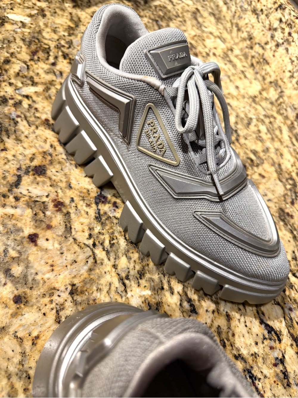 Prada Evolution Tech Women’s Chunky Lace-Up Sneakers in Light Gray and Silver - Picture 6 of 16